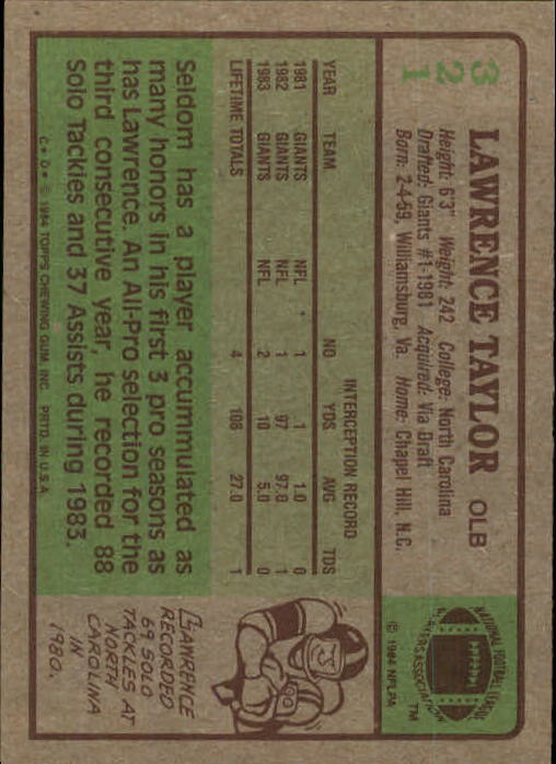 1984 Topps #321 Lawrence Taylor PB back image