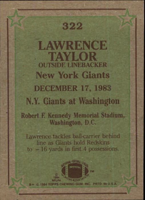 1984 Topps #322 Lawrence Taylor IR back image