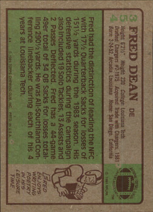 1984 Topps #354 Fred Dean back image