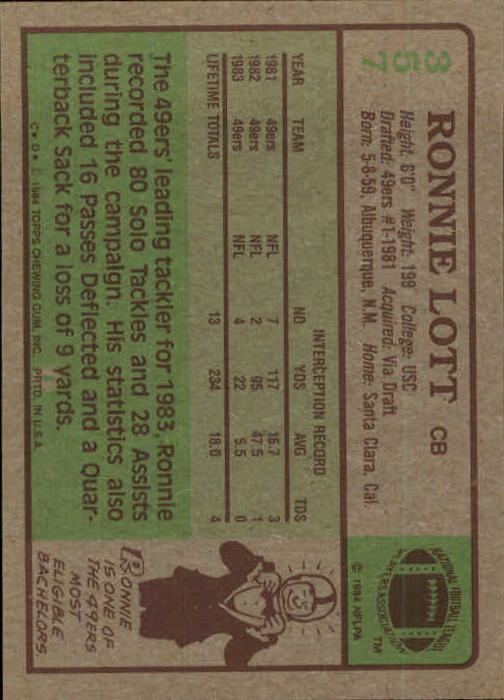 1984 Topps #357 Ronnie Lott PB back image