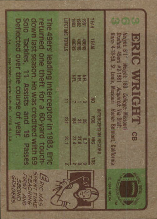 1984 Topps #363 Eric Wright RC back image