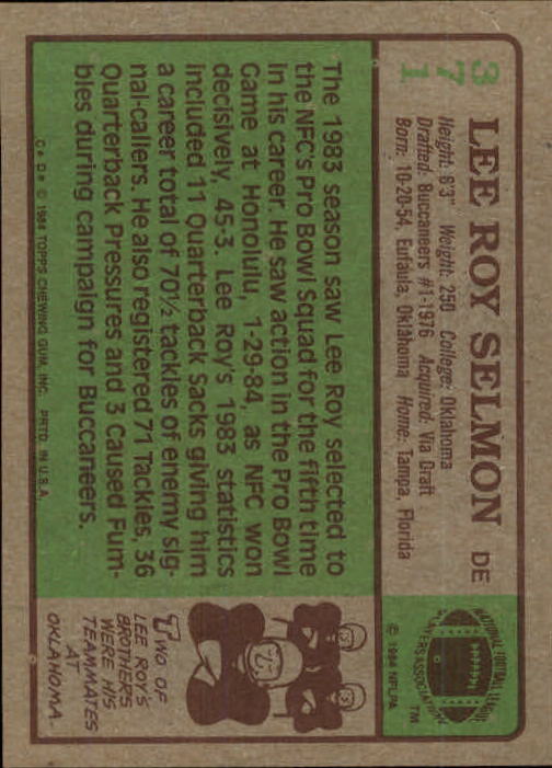 1984 Topps #371 Lee Roy Selmon back image