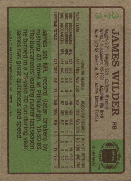 1984 Topps #373 James Wilder back image