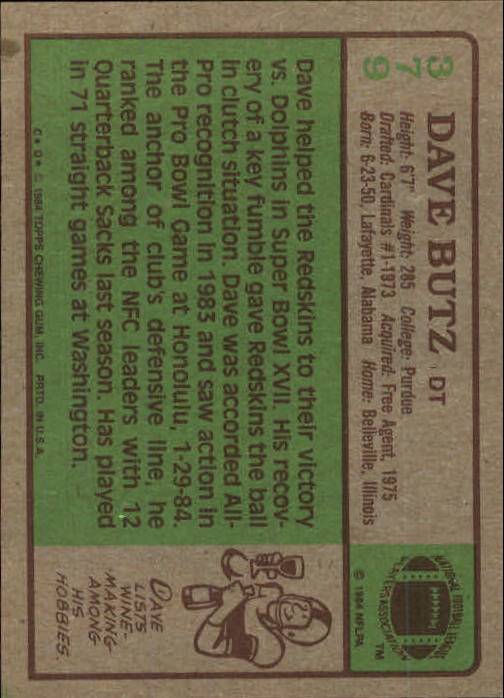 1984 Topps #379 Dave Butz back image