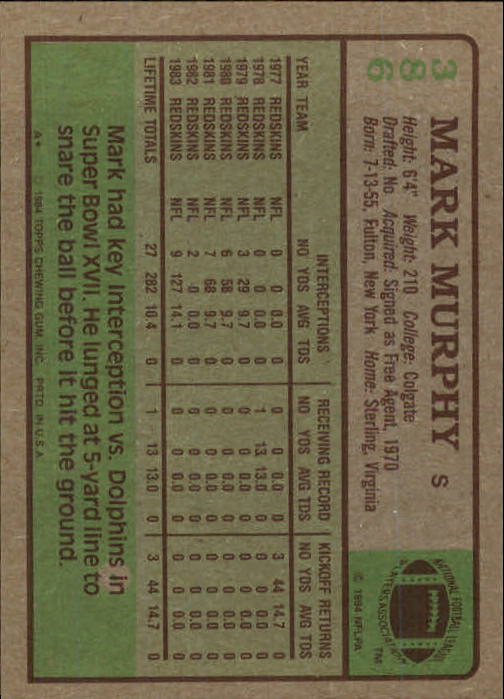 1984 Topps #386 Mark Murphy back image