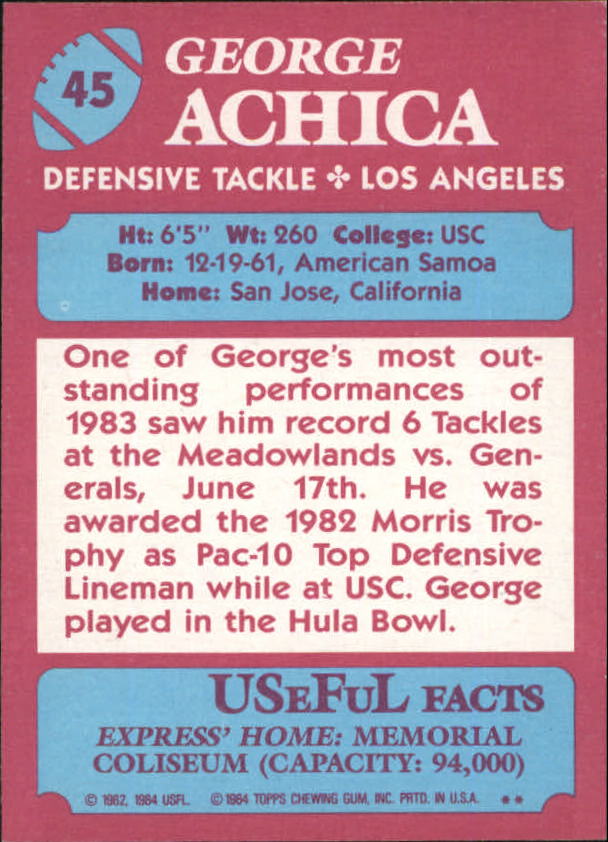 1984 Topps USFL #45 George Achica - NM-MT - Wonder Water Sports Cards ...