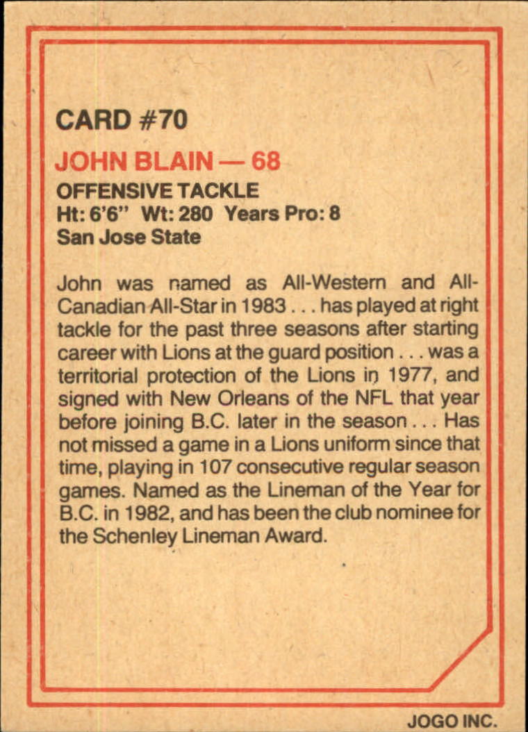 1984 JOGO #70 John Blain back image