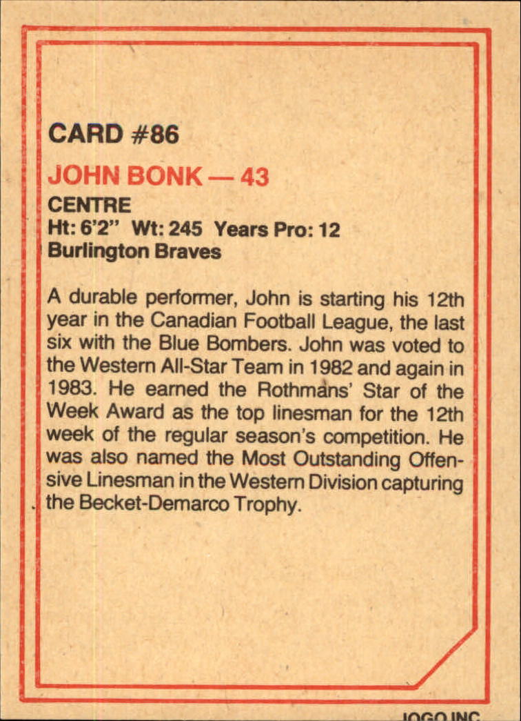 1984 JOGO #86 John Bonk back image