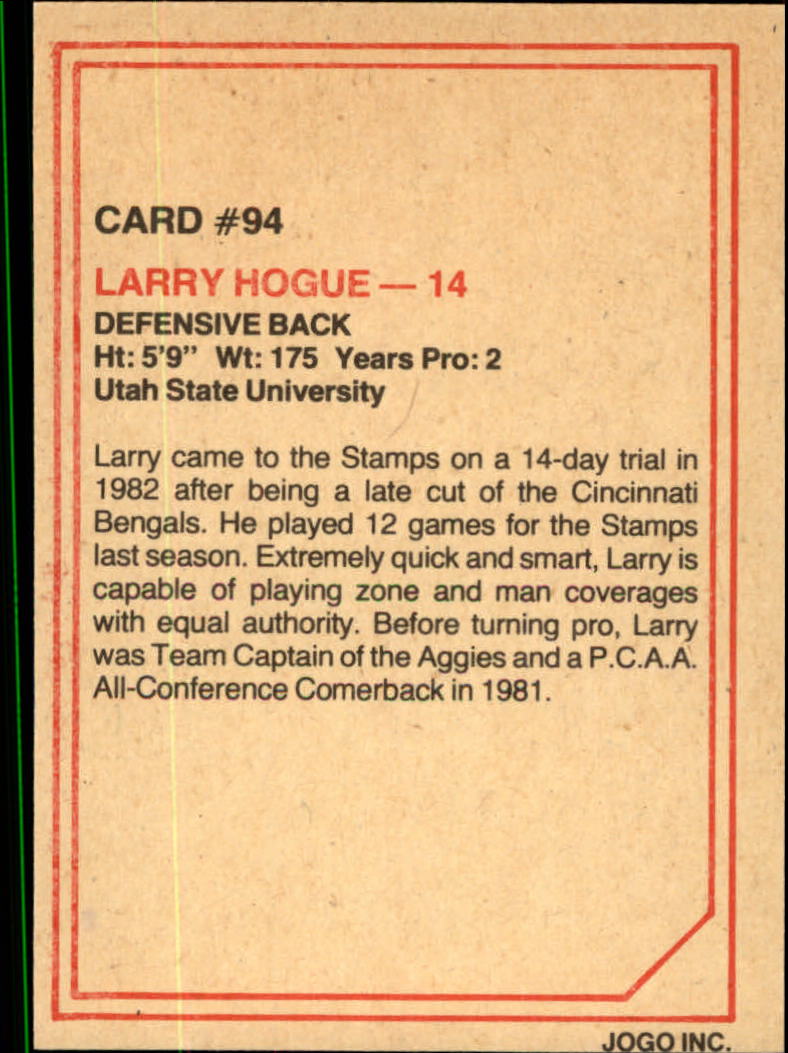1984 JOGO #94 Larry Hogue back image