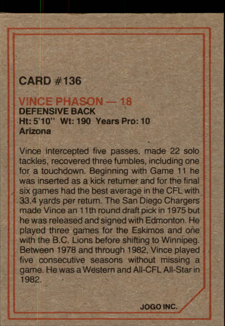 1984 JOGO #136 Vince Phason back image