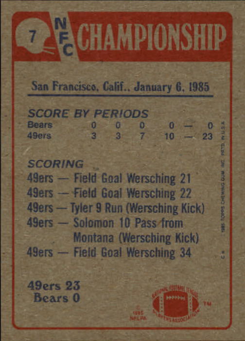 1985 Topps #7 NFC Championship/49ers 23, Bears 0/(Matt Suhey tackled) back image