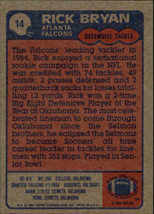 1985 Topps #14 Rick Bryan RC back image