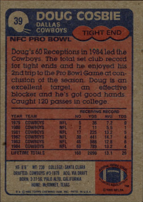 1985 Topps #39 Doug Cosbie back image