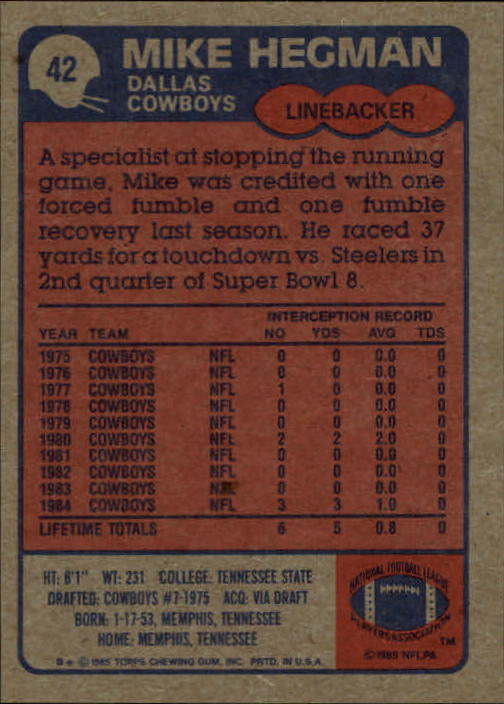 1985 Topps #42 Mike Hegman RC UER/(reference to SB VIII,/should be SB XIII) back image