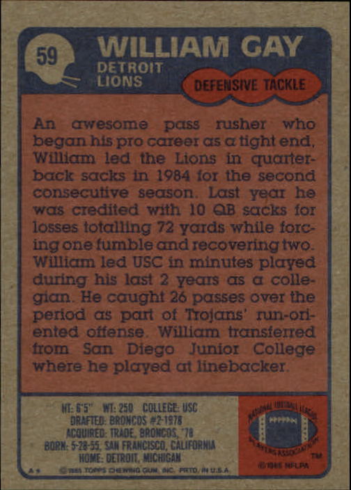 1985 Topps #59 William Gay back image