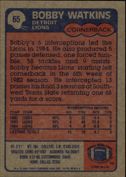 1985 Topps #65 Bobby Watkins back image