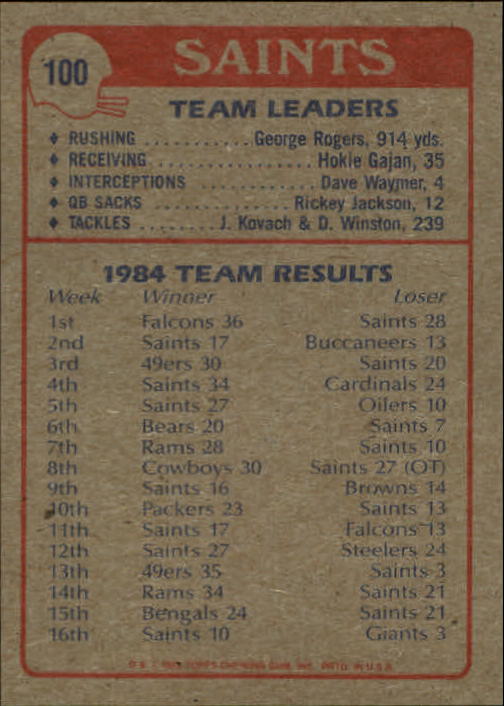 1985 Topps #100 New Orleans Saints TL/Hurdling Over/Front Line back image