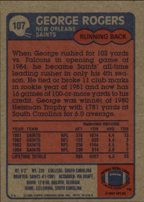 1985 Topps #107 George Rogers back image