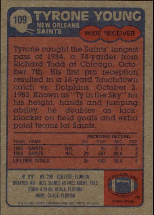 1985 Topps #109 Tyrone Young back image