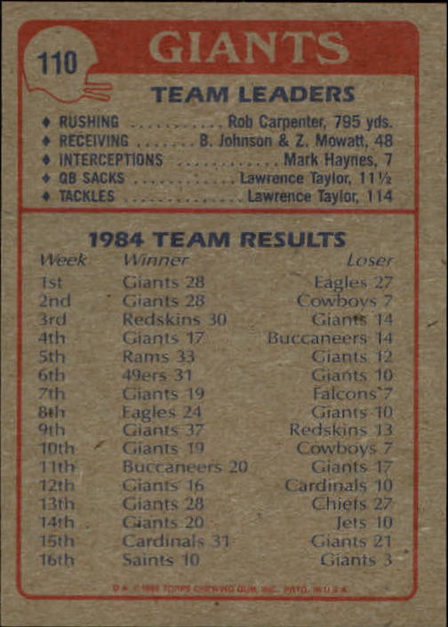 1985 Topps #110 New York Giants TL/Engulfing The/Quarterback/(Giants' Defense) back image