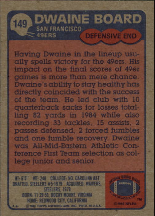 1985 Topps #149 Dwaine Board back image