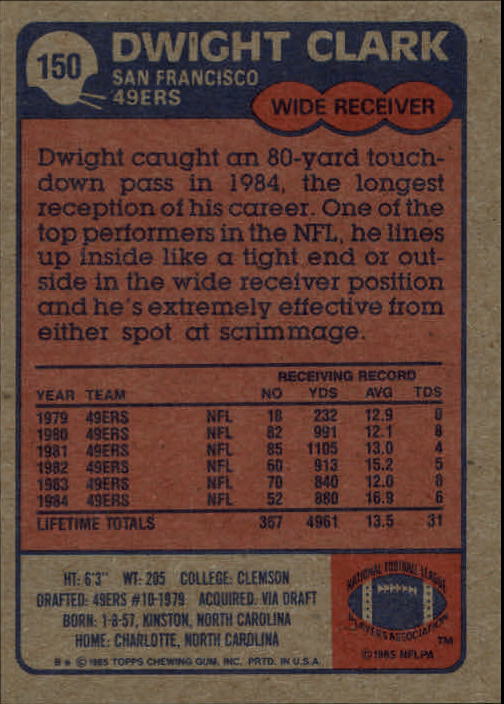 1985 Topps #150 Dwight Clark back image