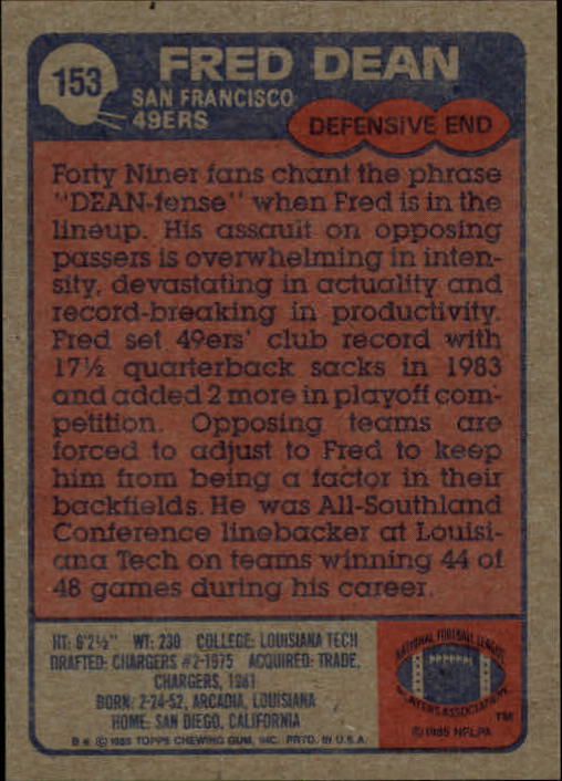 1985 Topps #153 Fred Dean back image