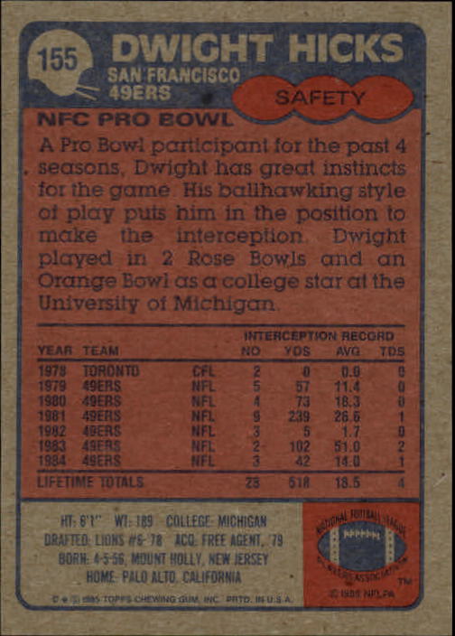 1985 Topps #155 Dwight Hicks back image