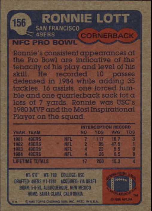 1985 Topps #156 Ronnie Lott back image