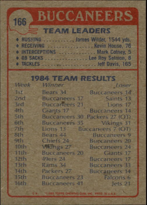 1985 Topps #166 Tampa Bay Bucs TL/Protecting The/Quarterback/(Steve DeBerg) back image