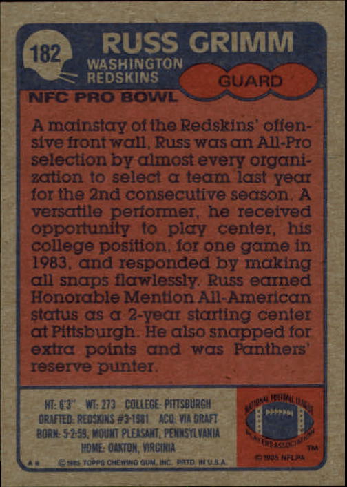 1985 Topps #182 Russ Grimm back image