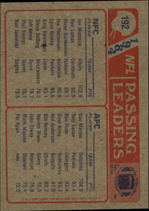 1985 Topps #192 Passing Leaders/Dan Marino/Joe Montana back image