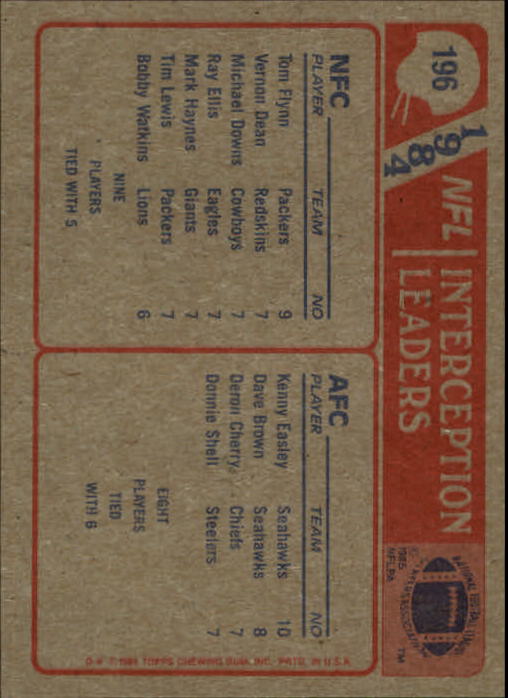 1985 Topps #196 Interception Leaders/Kenny Easley/Tom Flynn back image