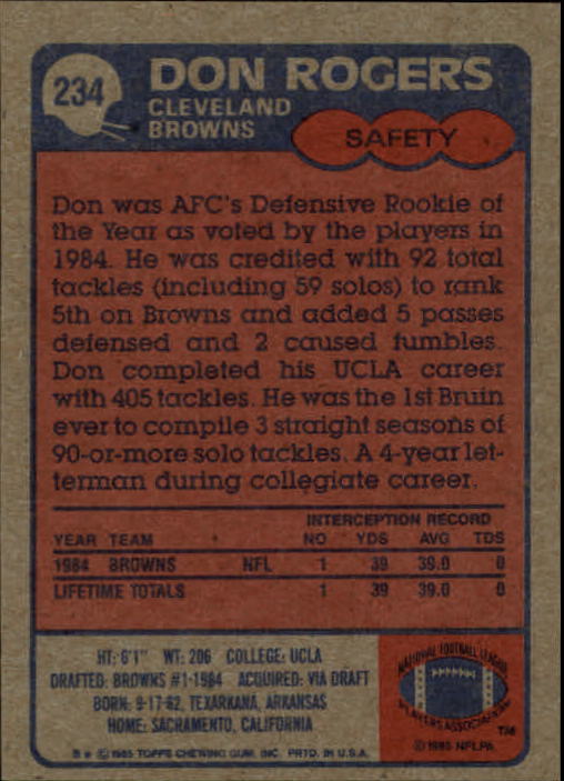 1985 Topps #234 Don Rogers back image