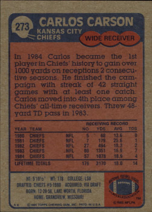 1985 Topps #273 Carlos Carson back image