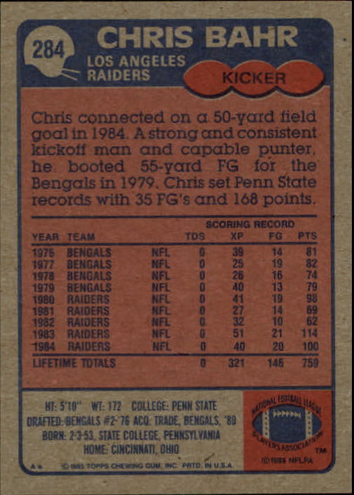 1985 Topps #284 Chris Bahr back image