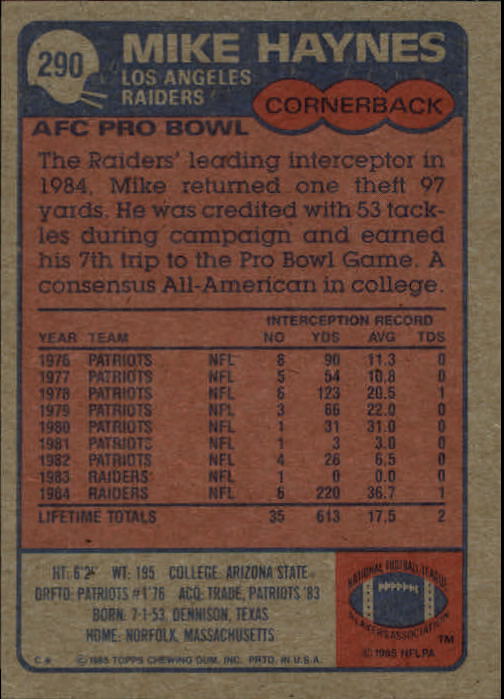 1985 Topps #290 Mike Haynes back image