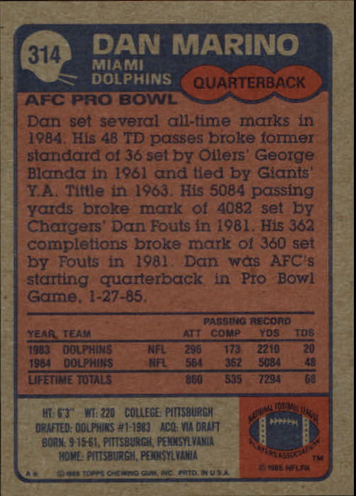 1985 Topps #314 Dan Marino AP UER/(Fouts 4802 yards in/1981, should be 4802) back image