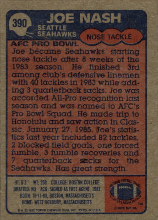 1985 Topps #390 Joe Nash RC back image