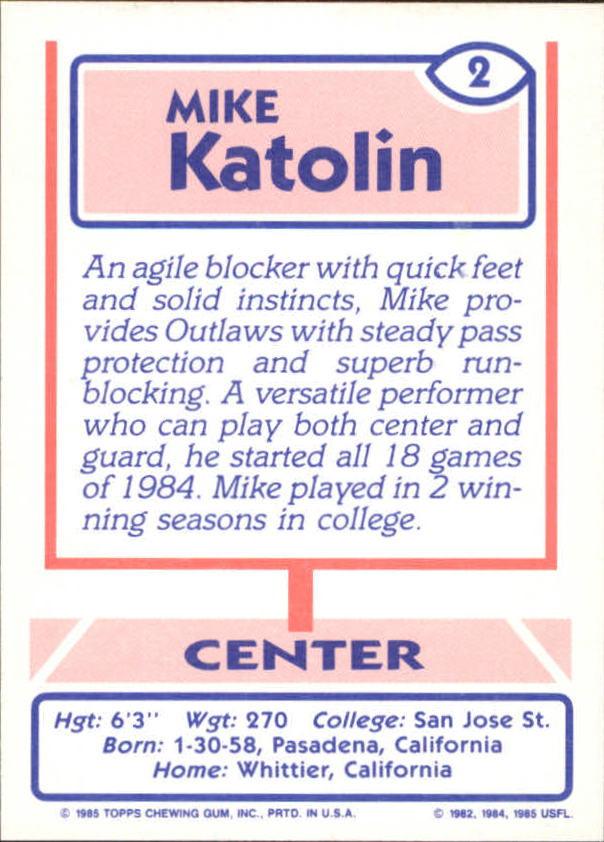 1985 Topps USFL #2 Mike Katolin back image