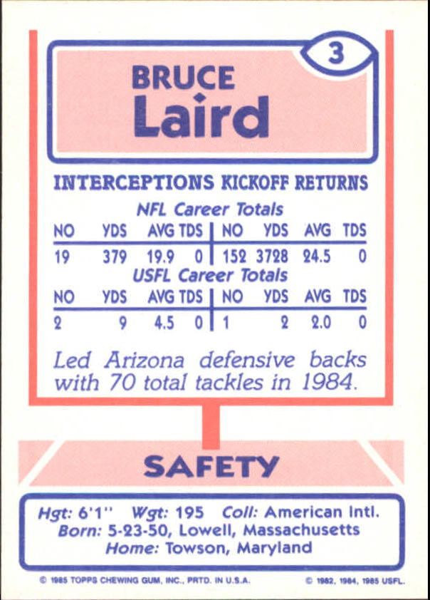 1985 Topps USFL #3 Bruce Laird back image