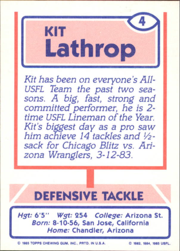 1985 Topps USFL #4 Kit Lathrop back image