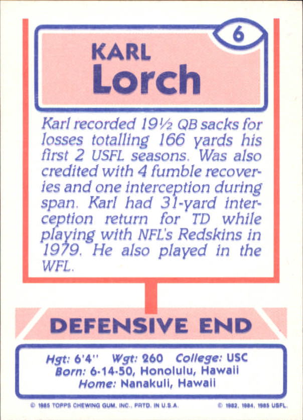1985 Topps USFL #6 Karl Lorch back image