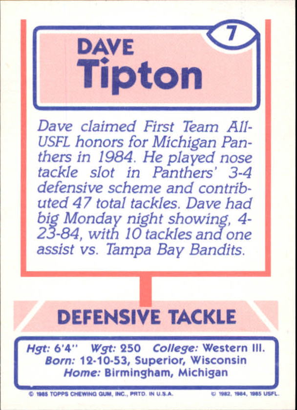 1985 Topps USFL #7 Dave Tipton DT RXR back image