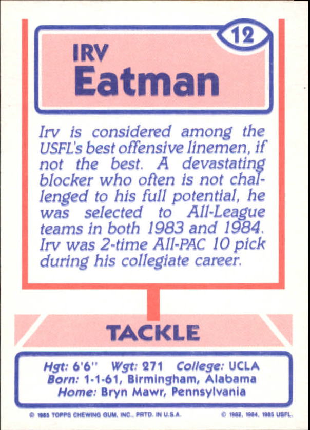 1985 Topps USFL #12 Irv Eatman back image