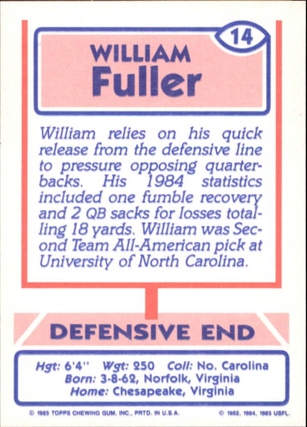 1985 Topps USFL #14 William Fuller XRC back image