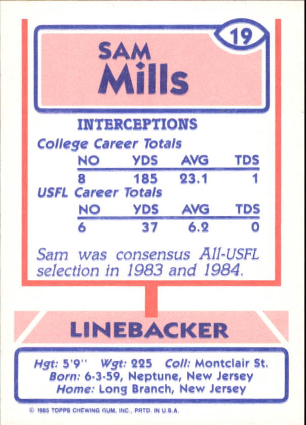 1985 Topps USFL #19 Sam Mills XRC back image