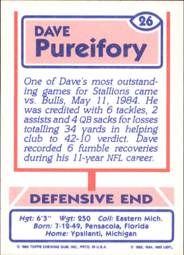 1985 Topps USFL #26 Dave Pureifory back image