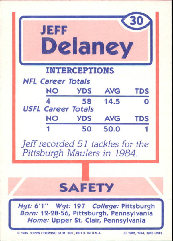 1985 Topps USFL #30 Jeff Delaney back image