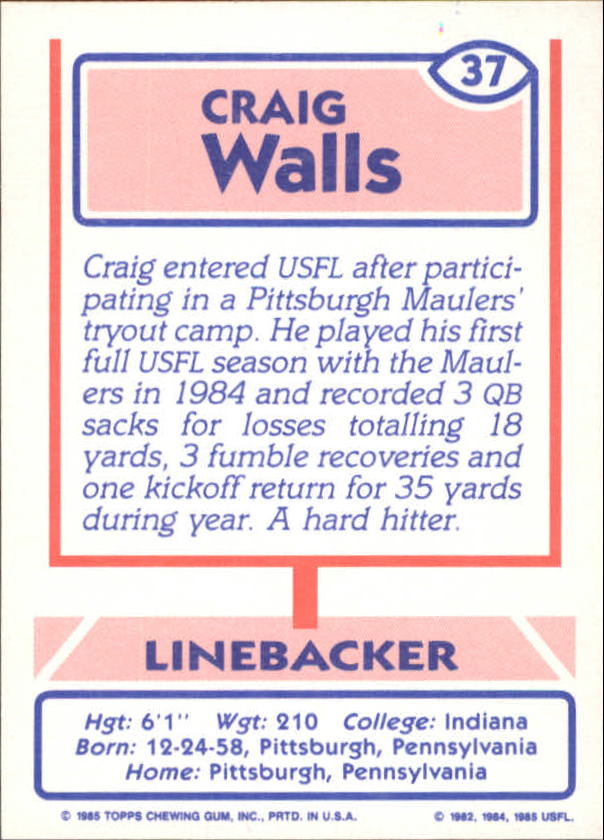 1985 Topps USFL #37 Craig Walls back image